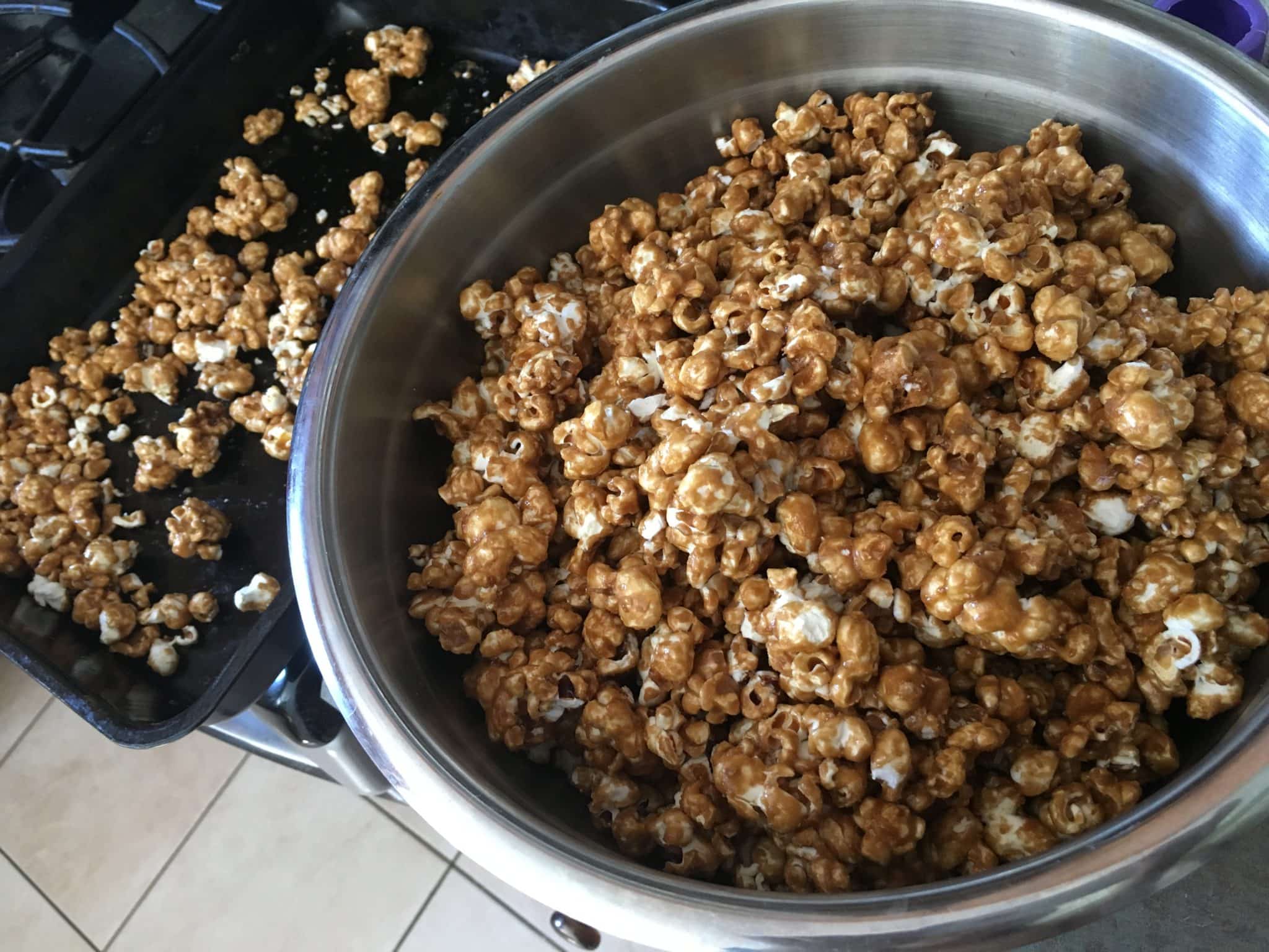 caramel popcorn out of the oven