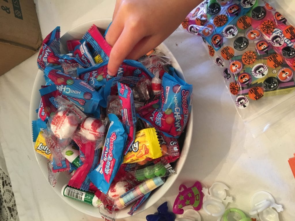 Halloween treat bag assembly line